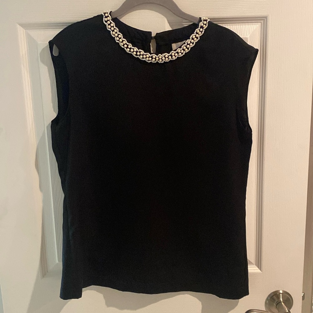 ECI New York Beaded neck top shell silky polyester size S black